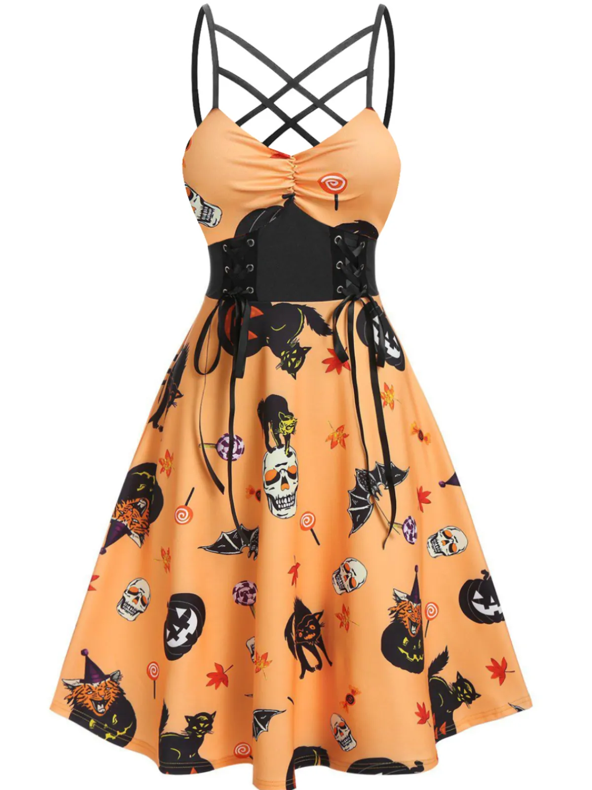 New Retro Stage 1950s Halloween Spaghetti Straps Corset Dress Orange