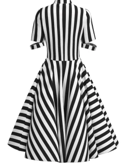 Hot Retro Stage 1950s Halloween Striped Hollow Collar Dress Black