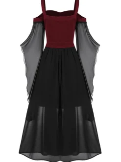 Online Retro Stage 1950s Halloween Witch Transparent Sleeves Strap Dress