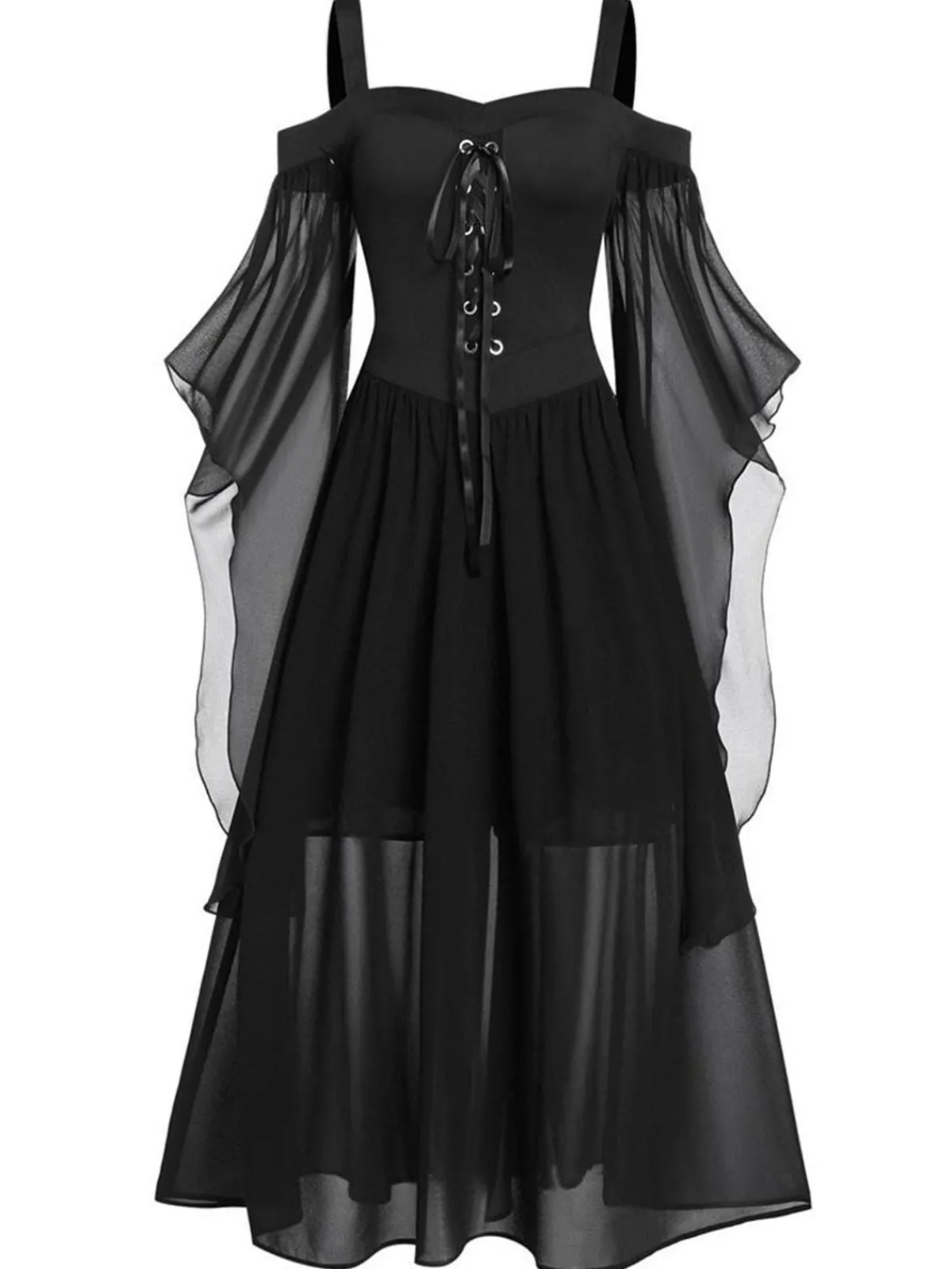 New Retro Stage 1950s Halloween Witch Transparent Sleeves Strap Dress