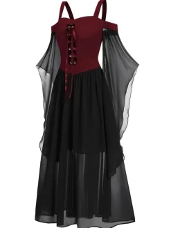 New Retro Stage 1950s Halloween Witch Transparent Sleeves Strap Dress
