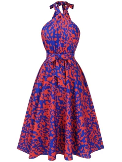 Best Retro Stage 1950s Halter Abstract Print Backless Swing Dress Multicolor