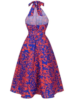 Best Retro Stage 1950s Halter Abstract Print Backless Swing Dress Multicolor