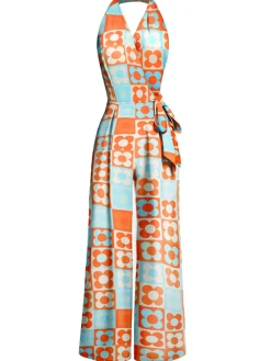 Discount Retro Stage 1960s Halter Colorblock Floral Sleeveless Jumpsuit Multicolor