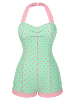 Online Retro Stage 1960s Halter Contrast Polka Dots Heart Swimsuit Pale Green
