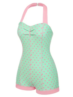 Online Retro Stage 1960s Halter Contrast Polka Dots Heart Swimsuit Pale Green
