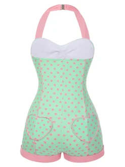 Online Retro Stage 1960s Halter Contrast Polka Dots Heart Swimsuit Pale Green