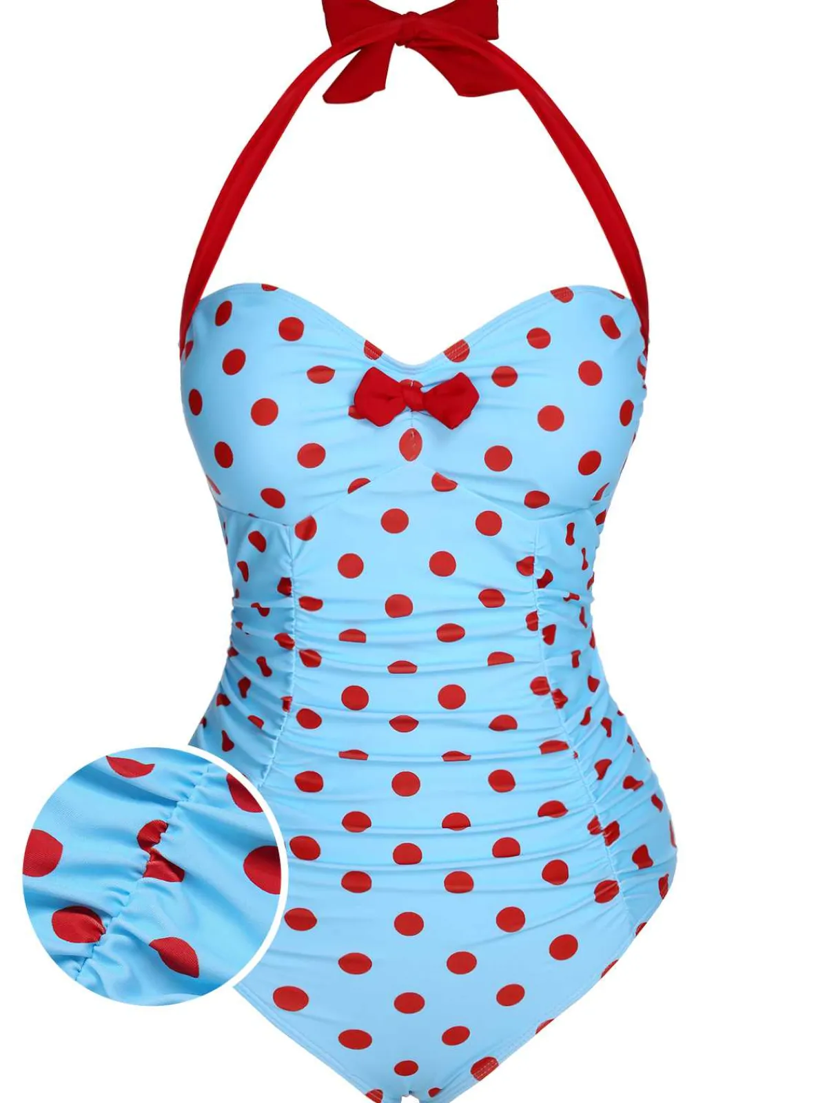 Best Retro Stage 1940s Halter Contrast Polka Dots One-Piece Swimsuit Lake Blue