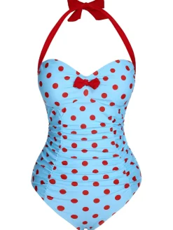 Best Retro Stage 1940s Halter Contrast Polka Dots One-Piece Swimsuit Lake Blue