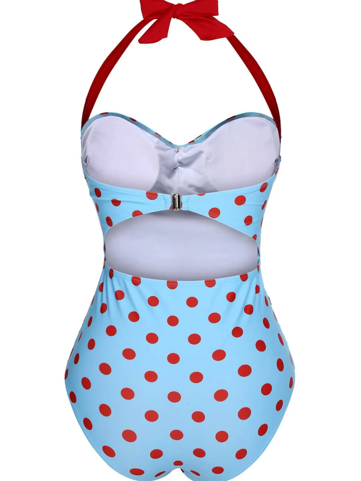 Best Retro Stage 1940s Halter Contrast Polka Dots One-Piece Swimsuit Lake Blue