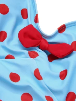 Best Retro Stage 1940s Halter Contrast Polka Dots One-Piece Swimsuit Lake Blue