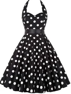 Outlet Retro Stage 1950s Halter Contrast Polka Dots Belted Dress
