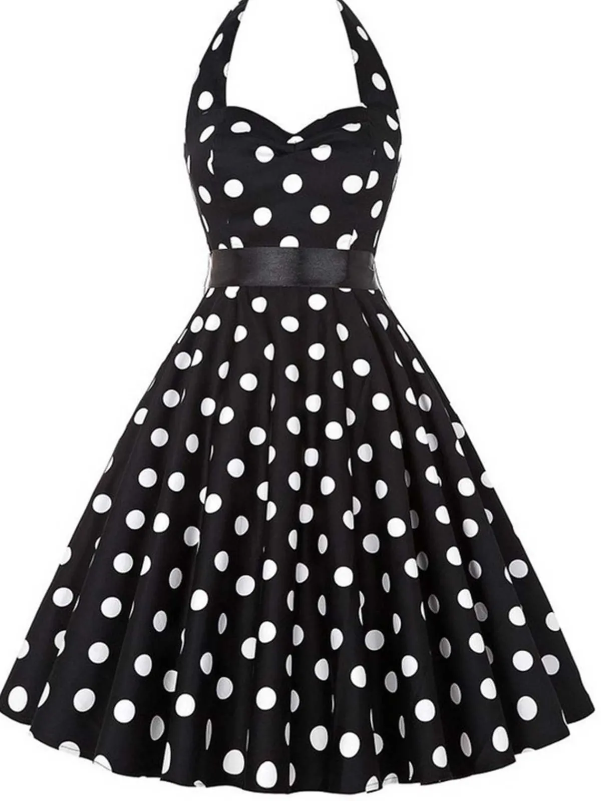 Outlet Retro Stage 1950s Halter Contrast Polka Dots Belted Dress