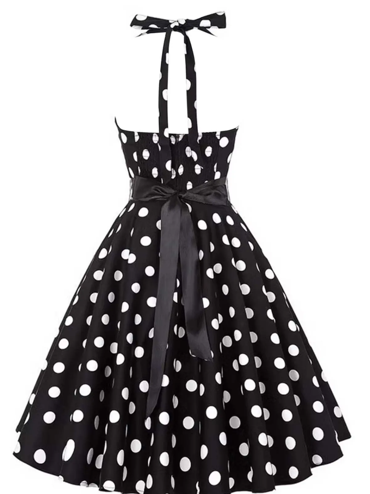 Outlet Retro Stage 1950s Halter Contrast Polka Dots Belted Dress