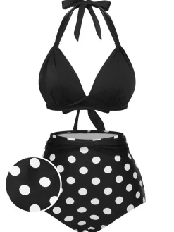 Fashion Retro Stage 1950s Halter Contrast Polka Dots Swimsuit