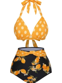 Fashion Retro Stage 1950s Halter Contrast Polka Dots Swimsuit