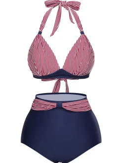 Fashion Retro Stage 1950s Halter Contrast Polka Dots Swimsuit