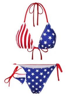 Hot Retro Stage 1960s Halter Contrast Stripes Stars Bikini Blue & Red