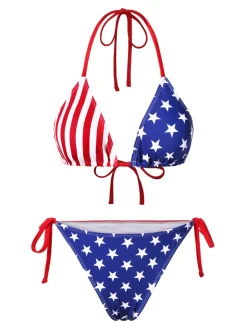 Hot Retro Stage 1960s Halter Contrast Stripes Stars Bikini Blue & Red