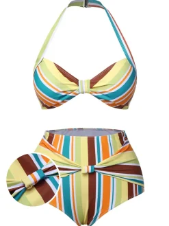 Sale Retro Stage 1930s Halter Contrast Stripes Swimsuit Multicolor