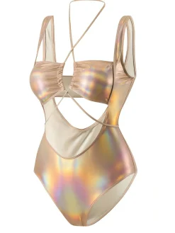 Online Retro Stage 1970s Halter Cut-Out Metallic One-Piece Swimsuit