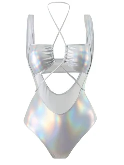 Online Retro Stage 1970s Halter Cut-Out Metallic One-Piece Swimsuit