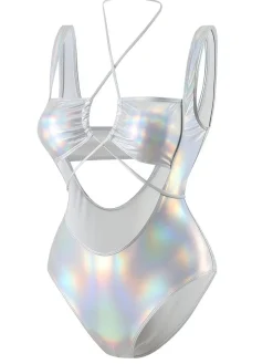 Online Retro Stage 1970s Halter Cut-Out Metallic One-Piece Swimsuit