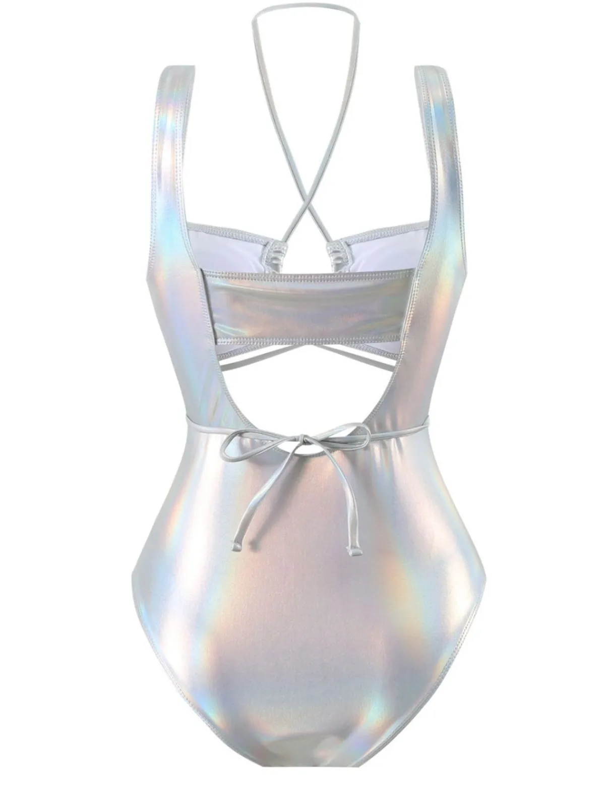 Online Retro Stage 1970s Halter Cut-Out Metallic One-Piece Swimsuit