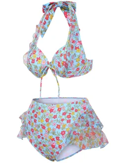 Outlet Retro Stage 1950s Halter Ditsy Floral Ruffles Bikini Set