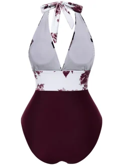Clearance Retro Stage 1940s Halter Floral Ruched One-piece Swimsuit
