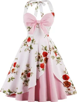 Online Retro Stage 1950s Halter Floral Swing Dress Pink