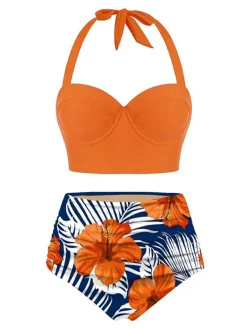 Hot Retro Stage 1940s Halter Flowers Pleated Bikini Set