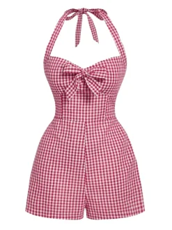 New Retro Stage 1950s Halter Gingham Plaids Bow Romper