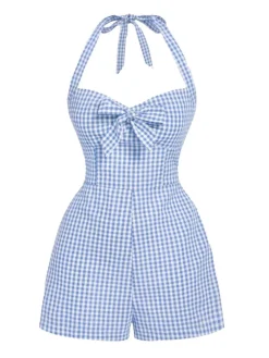 New Retro Stage 1950s Halter Gingham Plaids Bow Romper
