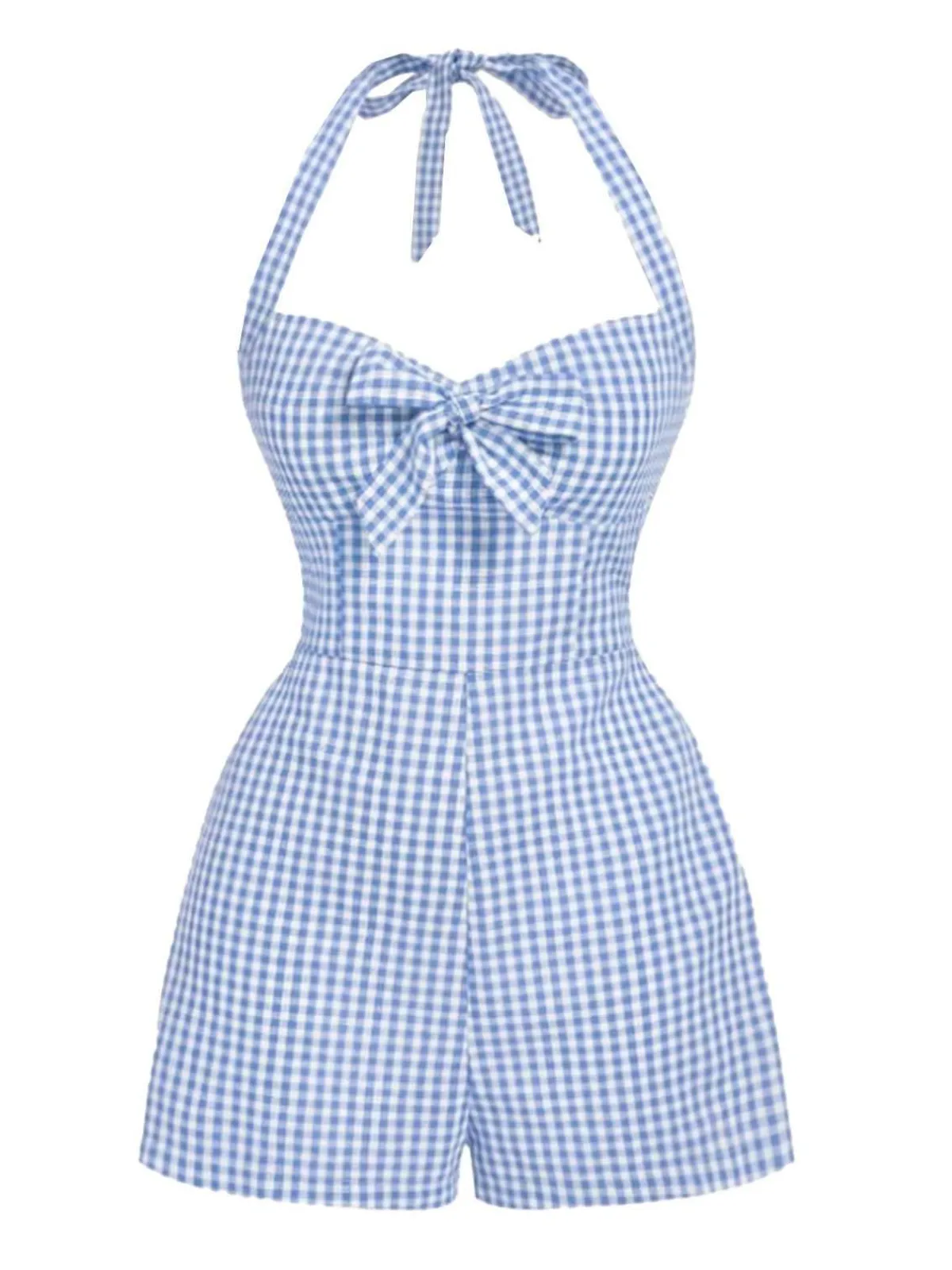 New Retro Stage 1950s Halter Gingham Plaids Bow Romper