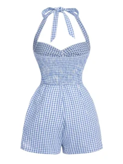 New Retro Stage 1950s Halter Gingham Plaids Bow Romper