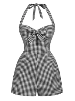 New Retro Stage 1950s Halter Gingham Plaids Bow Romper