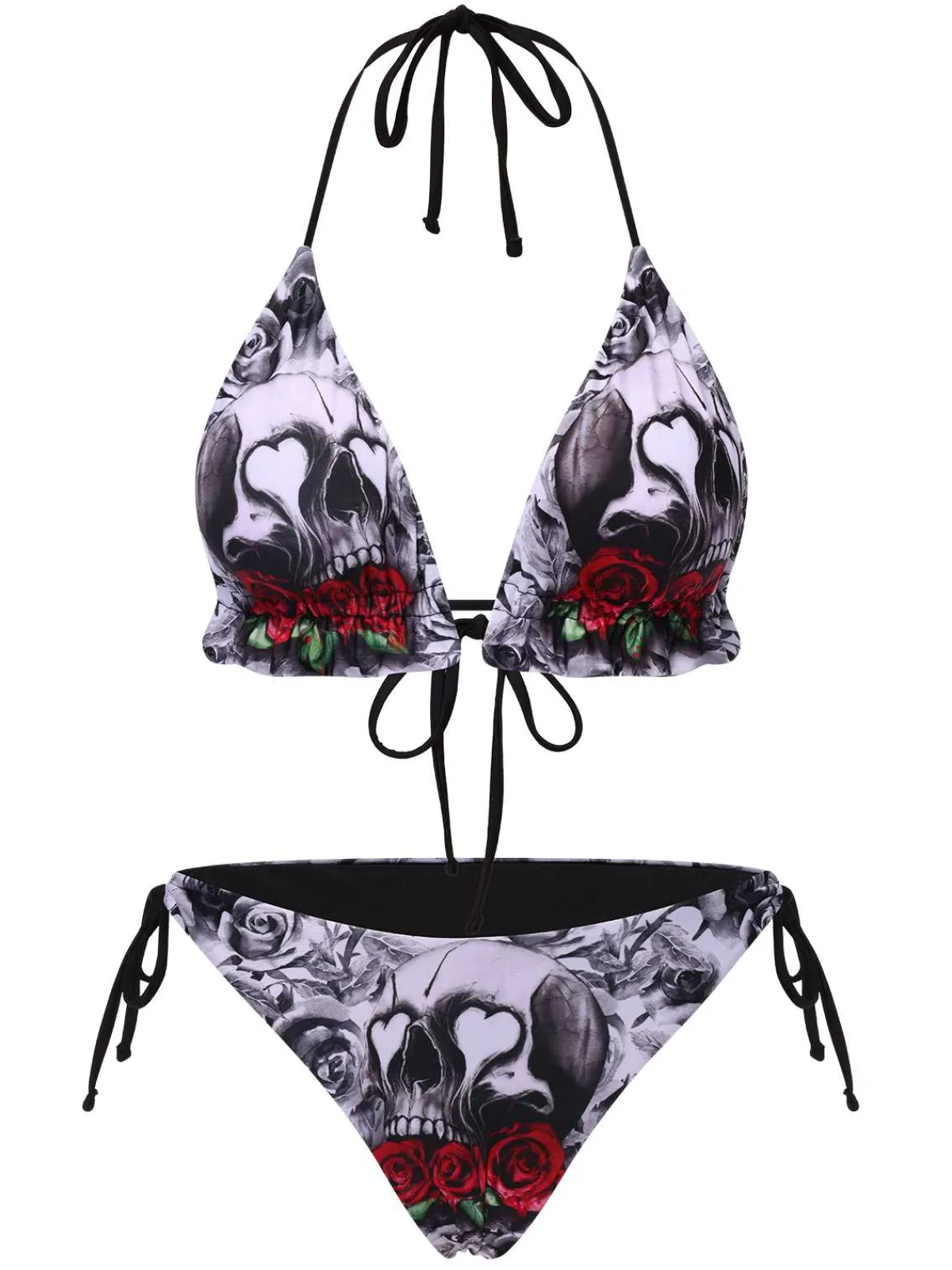 Best Retro Stage 1950s Halter Gothic Skull Roses Swimsuit Black