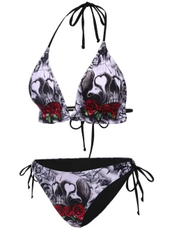 Best Retro Stage 1950s Halter Gothic Skull Roses Swimsuit Black