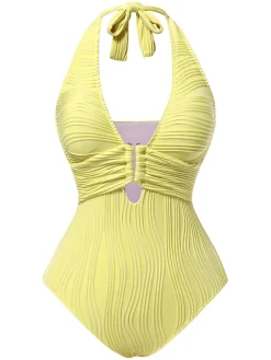 Hot Retro Stage 1950s Halter Hollow U-Ring Textured Swimsuit