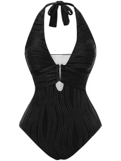 Hot Retro Stage 1950s Halter Hollow U-Ring Textured Swimsuit