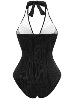 Hot Retro Stage 1950s Halter Hollow U-Ring Textured Swimsuit