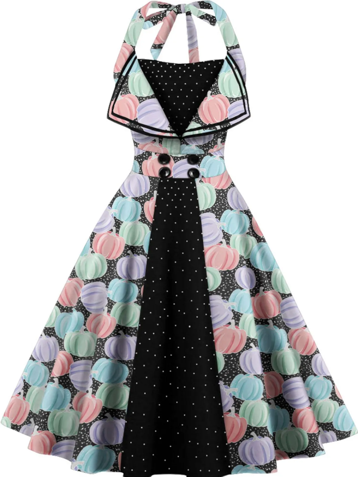 Discount Retro Stage 1950s Halter Lace-up Pumpkin Swing Dress Multi
