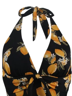 Fashion Retro Stage 1950s Halter Lemon One-Piece Swimsuit Black