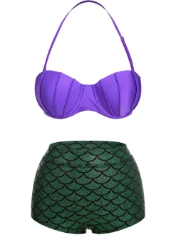 Outlet Retro Stage 1950s Halter Mermaid Scales Swimsuit Purple & Green
