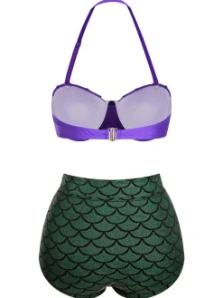 Outlet Retro Stage 1950s Halter Mermaid Scales Swimsuit Purple & Green