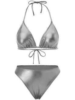 Sale Retro Stage 1970s Halter Metallic Bikini & Ruched Cover-Up