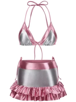 Outlet Retro Stage 1970s Halter Metallic Colorblock Ruffles Bikini Pink