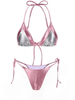 Outlet Retro Stage 1970s Halter Metallic Colorblock Ruffles Bikini Pink
