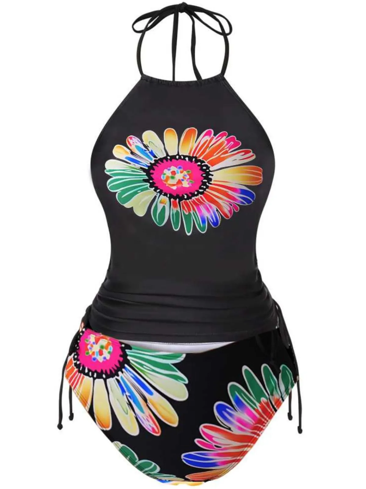 Clearance Retro Stage 1960s Halter Neon Daisy Lace-Up Tankini Set Black